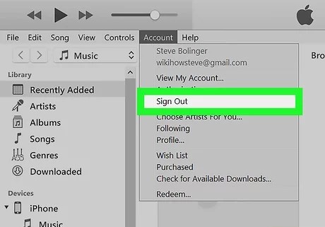 sign out apple music on pc