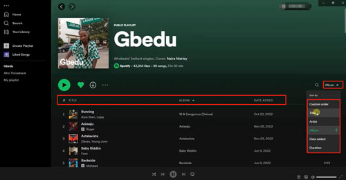 rearrange spotify songs on playlist via sort by on desktop