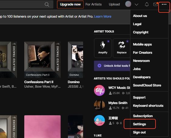 soundcloud settings button on web player