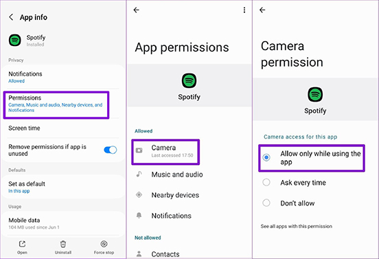 enable camera permission for spotify search not working