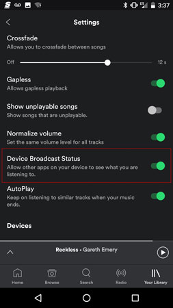 turn on device broadcast status on spotify