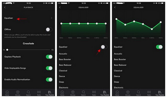 loud songs on spotify via built in spotify equalizer on mobile