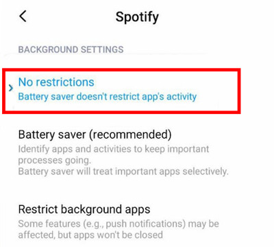 keep spotify playing in the background android by diabling battery saver