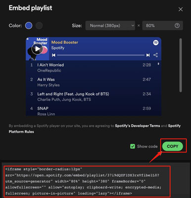 copy spotify playlist embed code