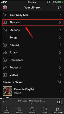 go to playlist section in spotify mobile app