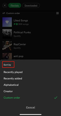 rearrange spotify playlist via sort by feature on mobile