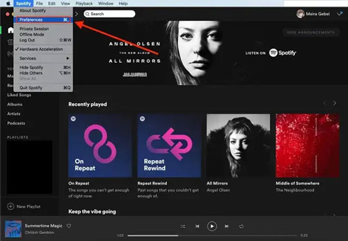 preferences option in spotify for mac app