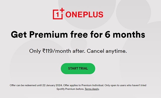 get spotify 6 months free trial via oneplus