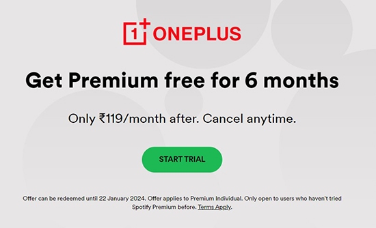 spotify 6 months free trial via oneplus