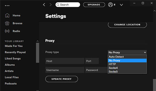 disable spotify proxy server to fix spotify error code 30
