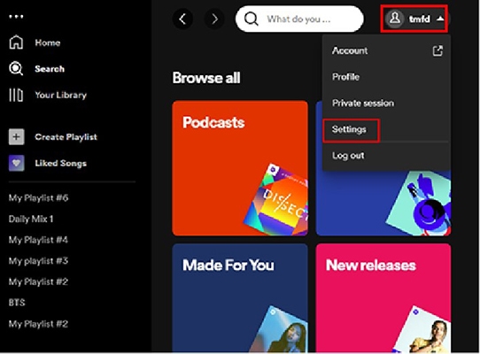 open setting section on spotify desktop app