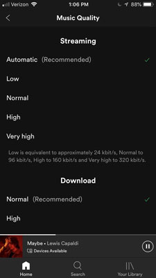 reset spotify audio quality on iphone