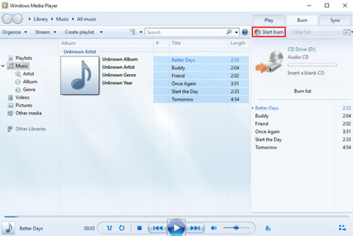 start to burn music from youtube to cd in wmp