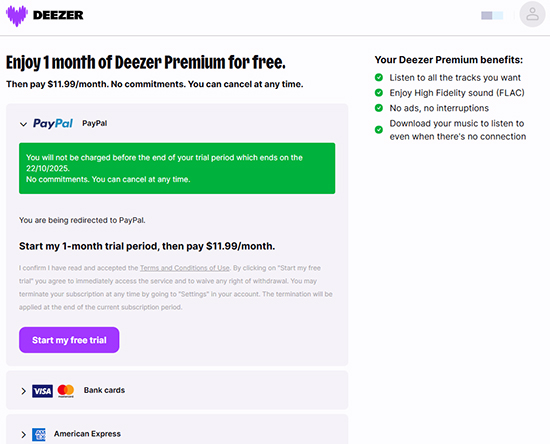 start deezer free trial