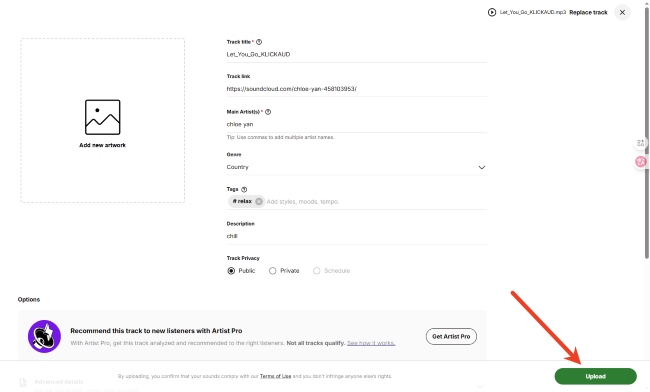 start uplaoding to soundcloud pc