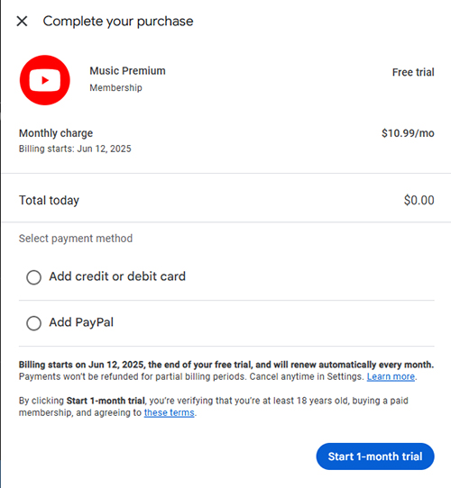 start free youtube music premium 1 month trial
