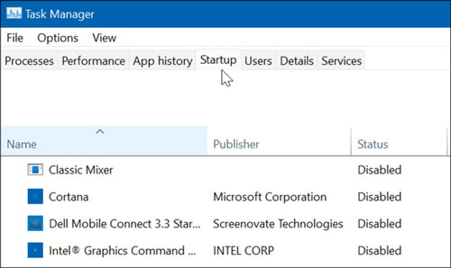 startup option in task manager on windows