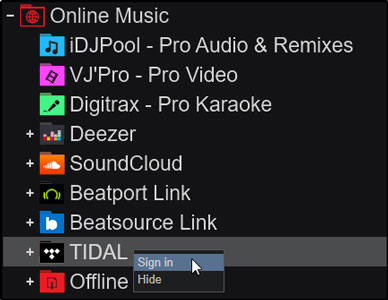 locate tidal in the online music section on virtual dj