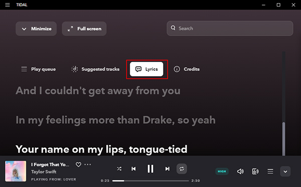 get lyrics on tidal desktop