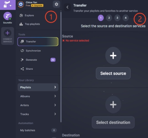 toolbar select source and destination soundiiz