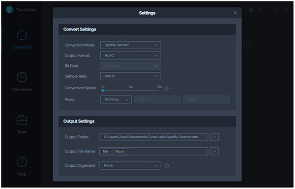 tunecable spotify music downloader output settings