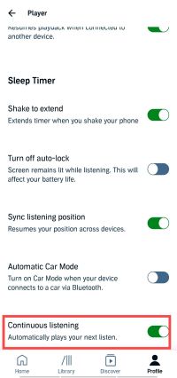 turn off continuous listening to stop audible from automatically playing