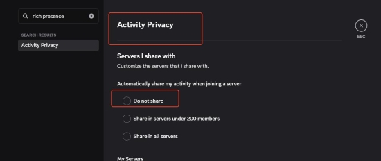 turn off do not share option in discord