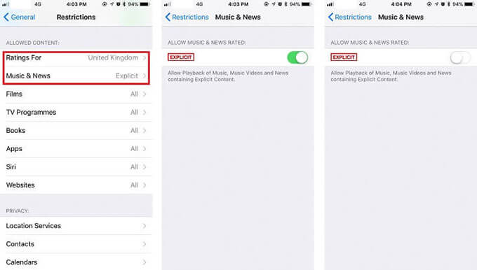 turn off explicit content on apple music iphone