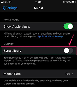 turn off icloud music library on iphone