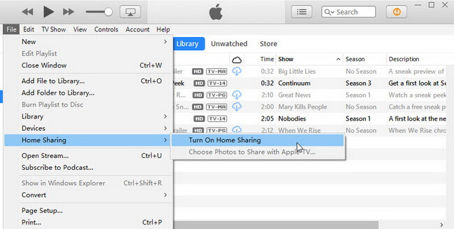 turn on home sharing itunes