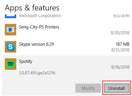 uninstall spotify by windows