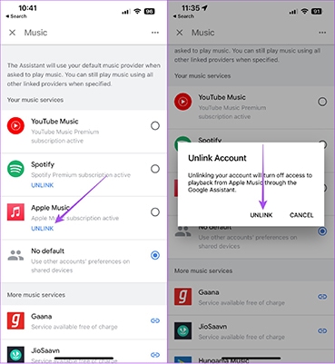 unlink apple music to google home