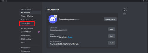 find connections option in discord user settings