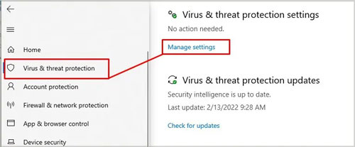 manage antivirus settings on windows