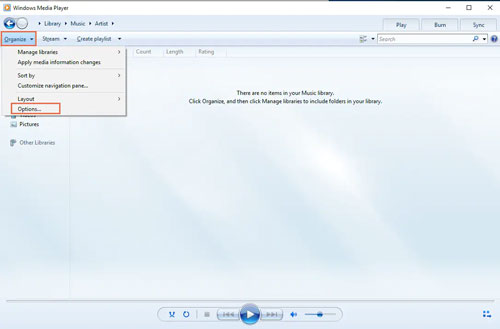 organize option in windows media player