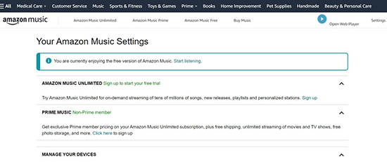 your amazon music settings page