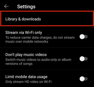 library and downloads settings in youtube music app