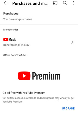 check youtube music purchases and memberships