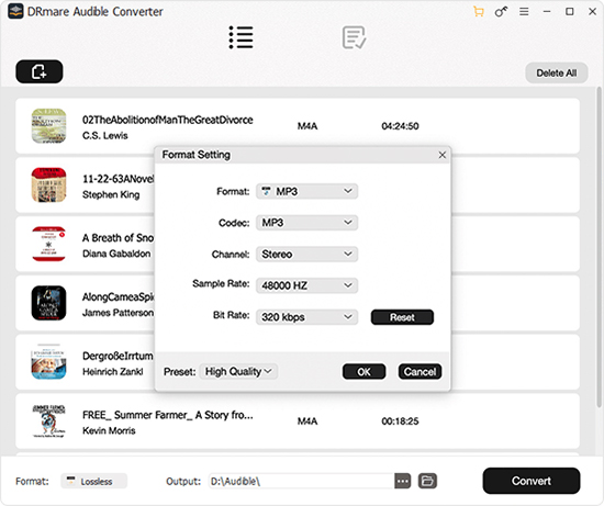 alter output parameters for audible books