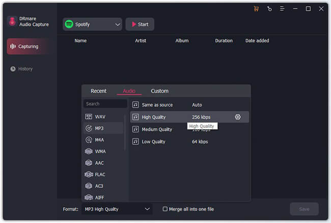 select audio format and personalize other parameters