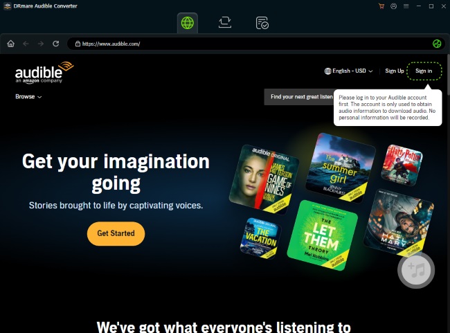 log in audible within drmare win