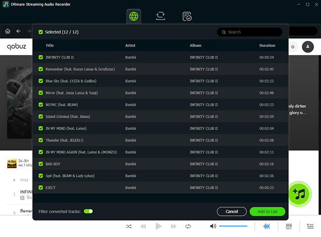 select qobuz music to add to drmare stremaing audio recorder