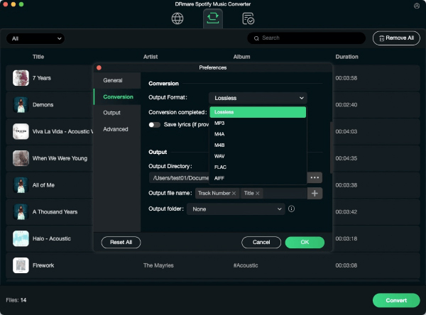 reset spotify output parameters