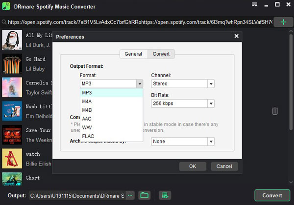 change spotify output parameters