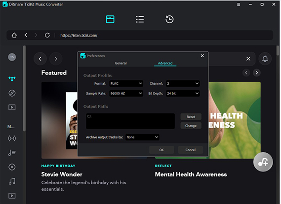 adjust output audio settings for tidal songs